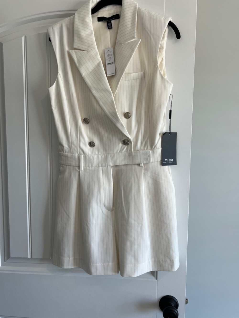 White House Black Market Cream Pinstripe Sleeveless Double-Breasted Romper